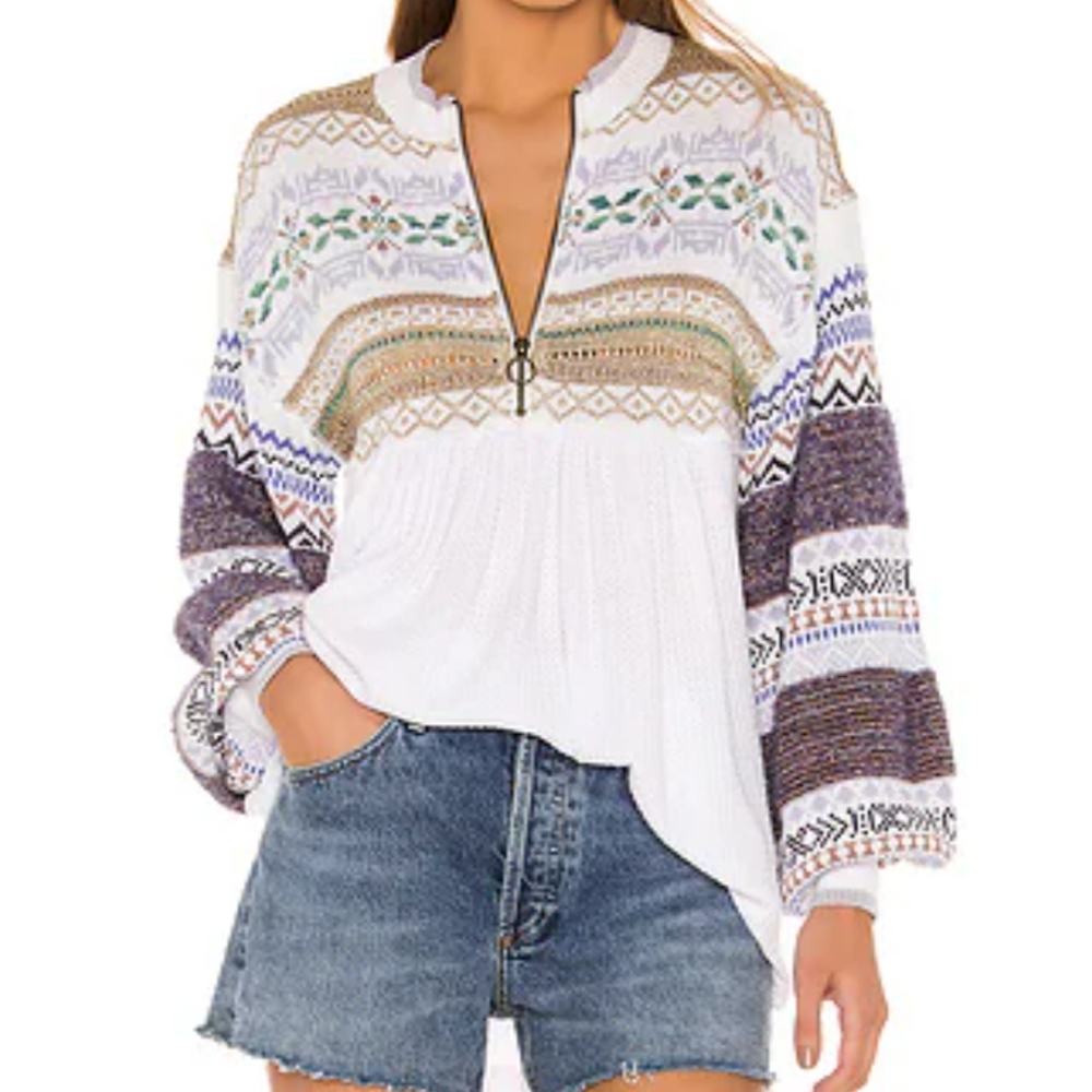 Free People Cozy Cottage Fair Isle Boho  Balloon Sleeve Oversized Half Zip S